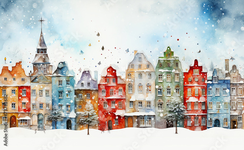 Cute colourful town in winter during snowy Christmas holidays, vintage holiday greeting card, nordic architecture, fairy tale like.