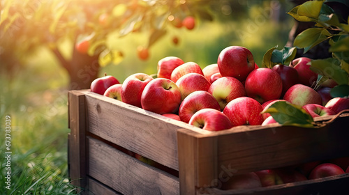 Apples In Wooden Crate On Table At Sunset - Autumn And Harvest Concept