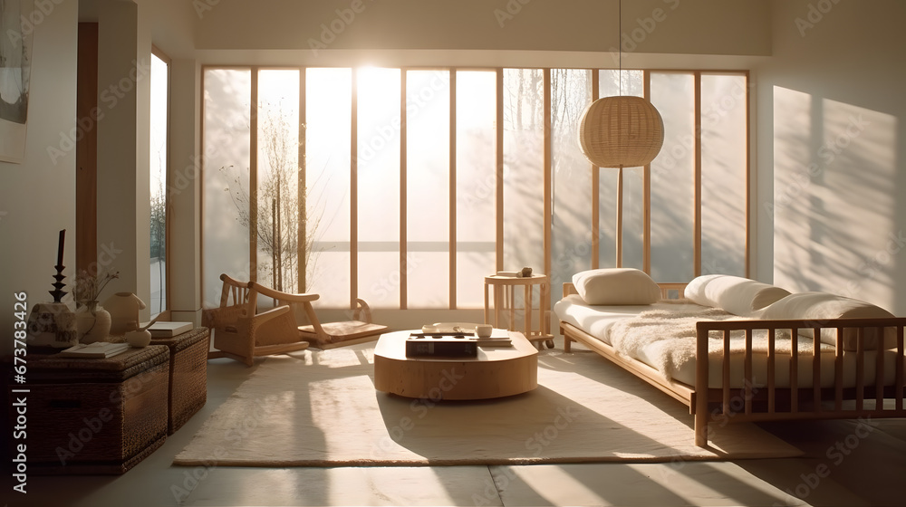 Fototapeta premium Awakening Peace: Sunrise Meditation Room with Bamboo Bliss - Created using Generative AI