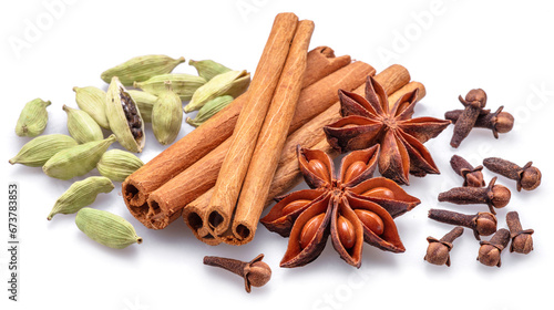 Fototapeta Naklejka Na Ścianę i Meble -  Lots of four spices for mulled wine – star anise, cinnamon, cardamom and clove