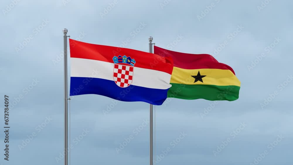 Ghana flag and Croatia flag waving together on cloudy sky, endless seamless loop, two country relations concept Ghana flag and Croatia flag waving together on cloudy sky, endless seamless loop, two country relations concept