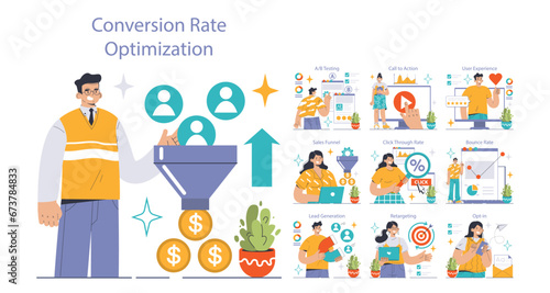 Conversion Rate Optimization set. Experts analyzing website performance. A B testing, sales funnel, lead generation. User engagement strategies. Flat vector illustration