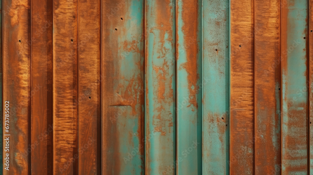 oxidized copper patina corrugated sheet metal grunge background texture. Vintage antique weathered and worn rusted bronze or brass abstract pattern, green - obrazy, fototapety, plakaty 
