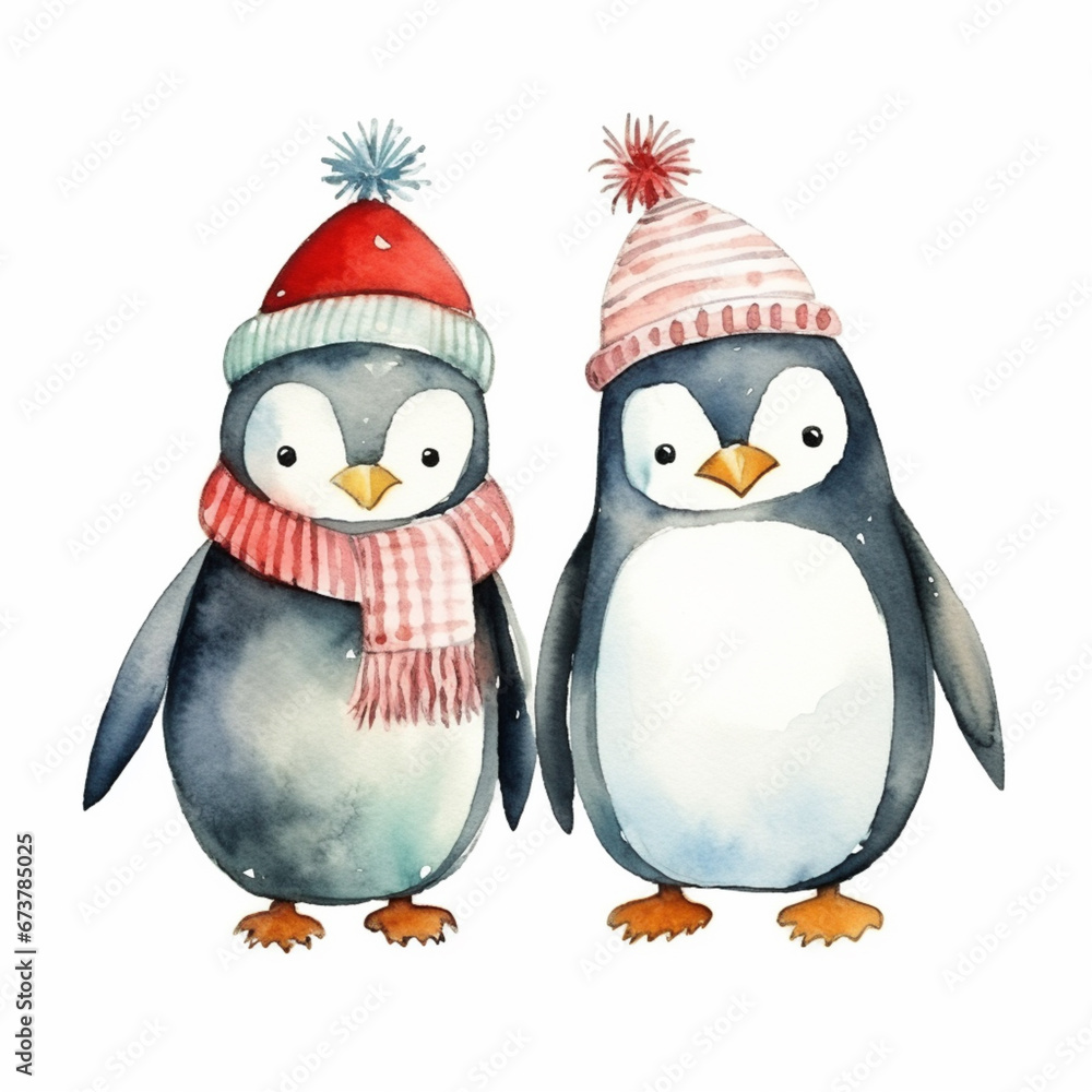 Fototapeta premium Christams Set of Penguins Watercolor Animal Characters Isolated on White Background. - SCANDI - Watercolour Collection { No4 } - cute penguin folk art illustration. Generative AI.