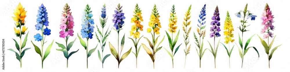 Fototapeta premium Watercolor banner wildflowers on simple white background