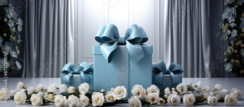 an old vintage gift box with a bow and silver ribbon, in the style of light azure, photobashing,Generative AI
