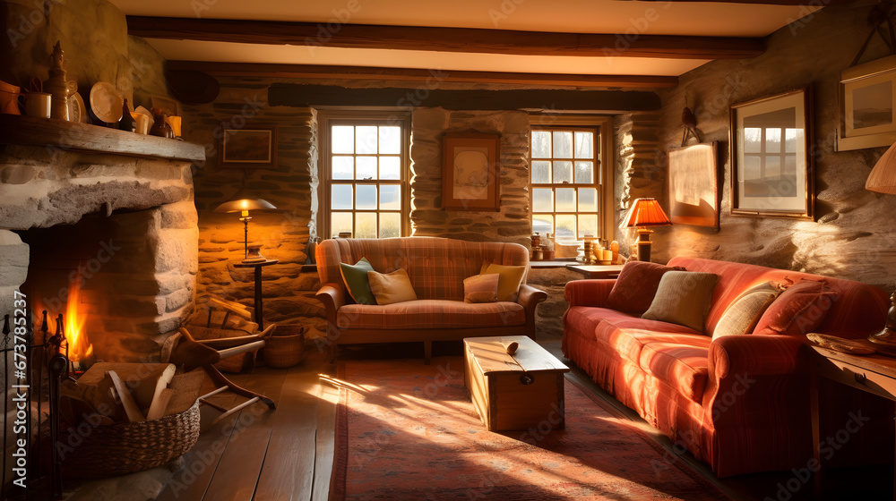 Rural Serenity: Sunset Haven in the Cozy Living Room with Wooden Beams - Created using Generative AI Rural Serenity: Sunset Haven in the Cozy Living Room with Wooden Beams - Created using Generative AI