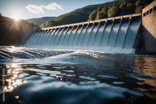 Faszinierende Nahaufnahme von Wasser, das auf der Oberfläche eines Wasserkraftwerksdammes glänzt.