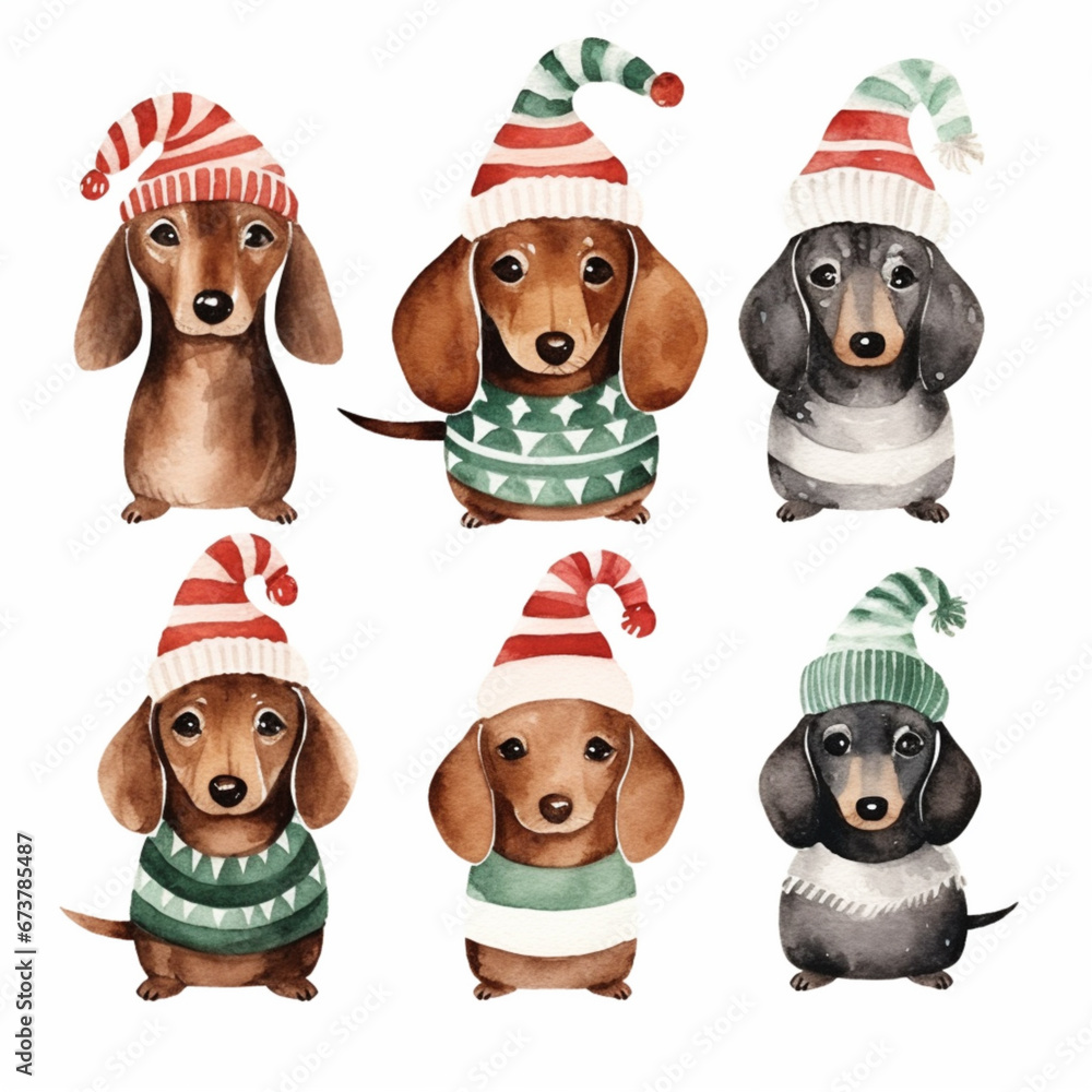 custom made wallpaper toronto digitalChristams Set of Sausage Dogs Watercolor Animal Characters Isolated on White Background.  - SCANDI - Watercolour Collection { No4 } - cute sausage dog folk art  illustration. Generative AI.