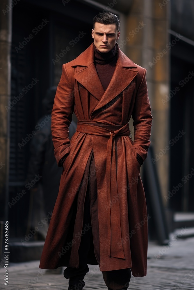 A Mysterious Figure in a Trench Coat Strolling Down the City Streets A Mysterious Figure in a Trench Coat Strolling Down the City Streets