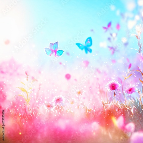 Full frame background, the grass with red flowers, the warm morning sunlight shines on the flowers and butterflies, the focus butterfly, everything else is blurred
