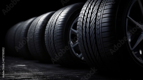 Banner design featuring new car tires placed on a dark background, showing auto parts with usable space for text.