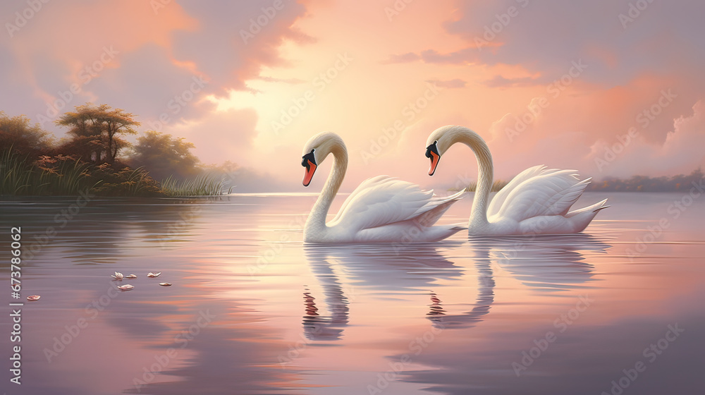 Fototapeta premium Elegant swans gliding serenely on a mirror-like lake reflecting pastel clouds above Ai Generative