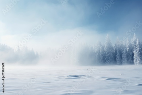 Foggy winter forest with snow. Winter seasonal concept. © Joyce