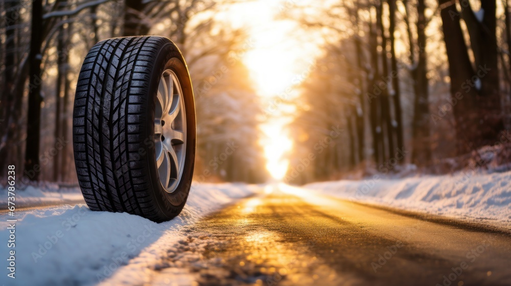 Tires designed for winter conditions on a sunlit asphalt road within a forest.