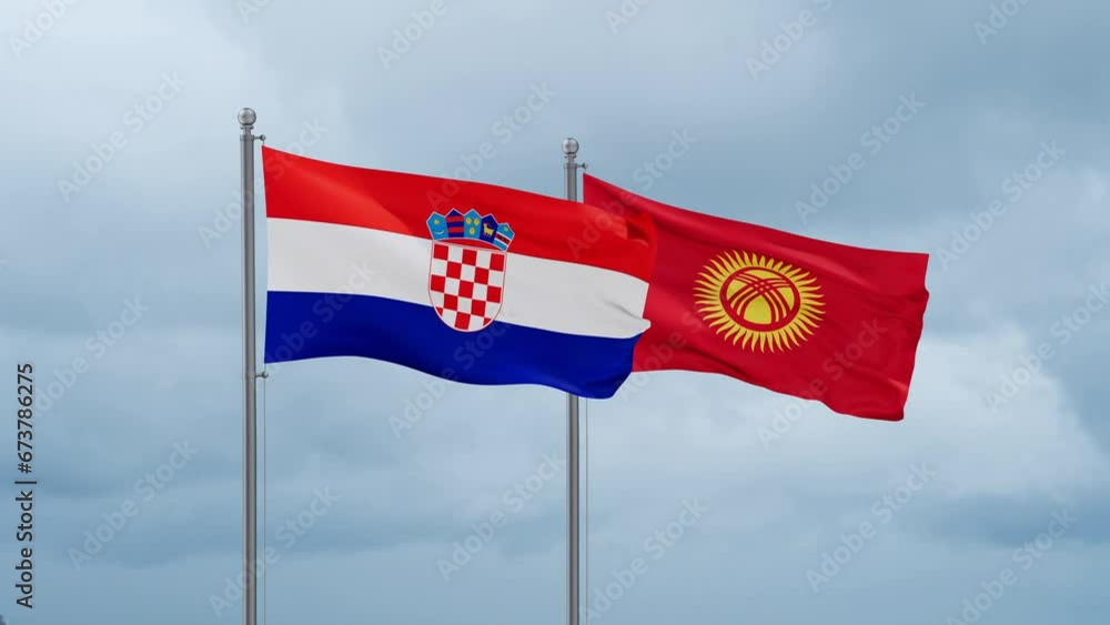 Kyrgyzstan flag and Croatia flag waving together on cloudy sky, endless seamless loop, two country relations concept Kyrgyzstan flag and Croatia flag waving together on cloudy sky, endless seamless loop, two country relations concept