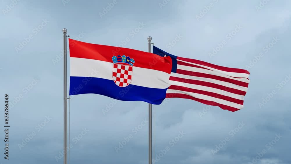Liberia and Croatia flag waving together on cloudy sky, endless seamless loop, two country cooperation concept Liberia and Croatia flag waving together on cloudy sky, endless seamless loop, two country cooperation concept