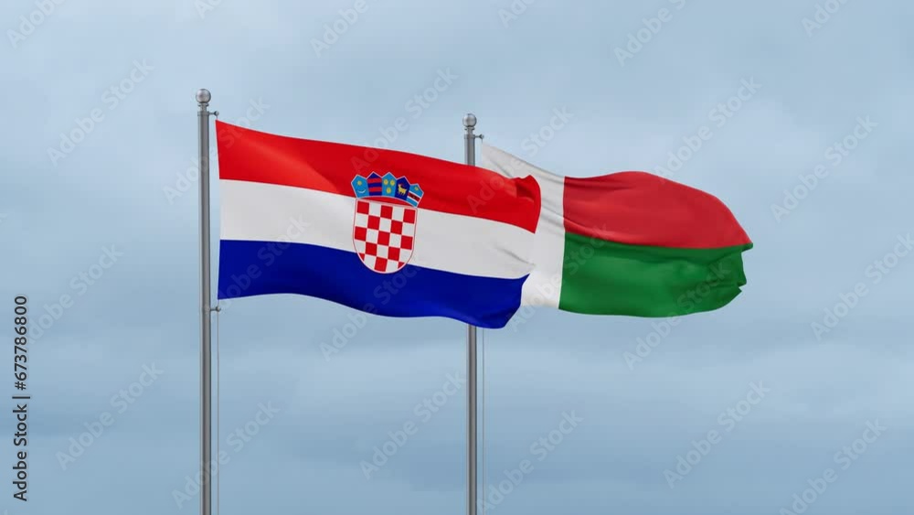 Madagascar flag and Croatia flag waving together on cloudy sky, endless seamless loop, two country relations concept Madagascar flag and Croatia flag waving together on cloudy sky, endless seamless loop, two country relations concept