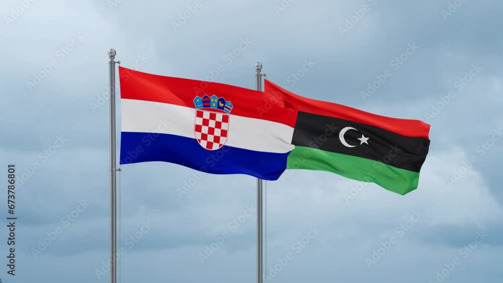 Libya and Croatia flag waving together on cloudy sky, endless seamless loop, two country cooperation concept Libya and Croatia flag waving together on cloudy sky, endless seamless loop, two country cooperation concept