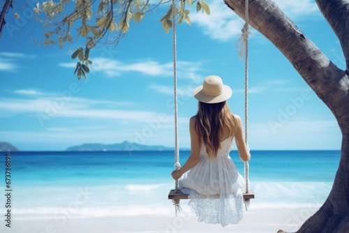 A graceful lady in long skirt on a swing by a beautiful sandy beach. Summer tropical vacation concept.