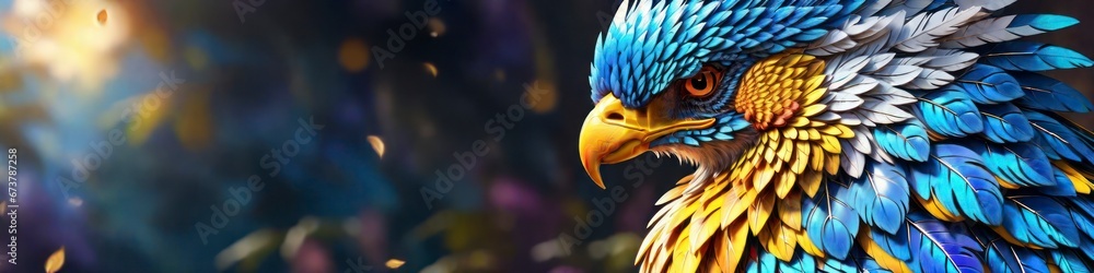 Obraz premium Banner stark mystical phoenix bird on blurred background, place to insert text, background for your design