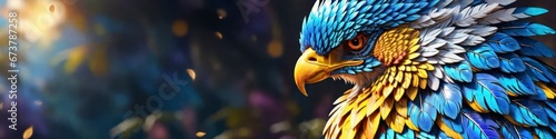 Banner stark mystical phoenix bird on blurred background, place to insert text, background for your design © La_Valentina