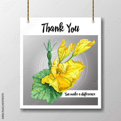 Thank you card with you make a difference text vector design. Yellow pumpkin flowers, buds. Thank you card design with yellow flowers for Thanksgiving. 