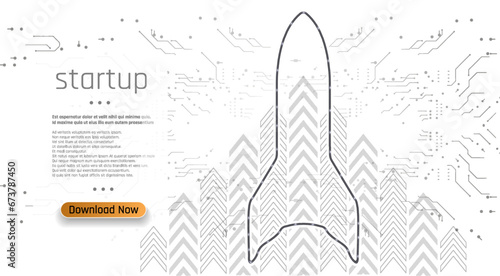 Innovative Startup Concept with Rocket Launch, Vector Illustration for Business and Technology This vector illustration features a rocket launching with a startup theme. The rocket is black and white