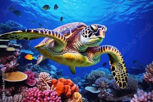 A sea turtle swimming underwater in tropical ocean © Joyce