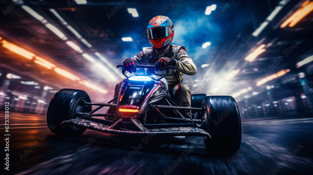 Go kart racing field, racer wearing safety uniform on competition tournament. Carting competitions. - obrazy, fototapety, plakaty 