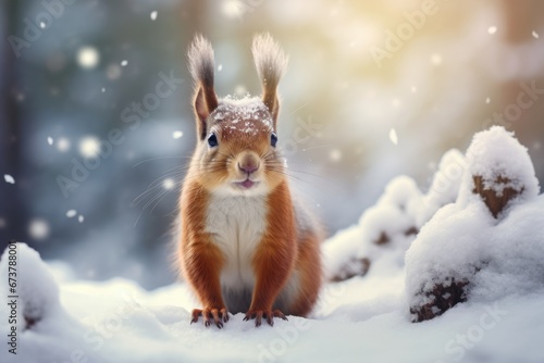 Close-up view of a squirrel in forest with snow in Winter. © Joyce