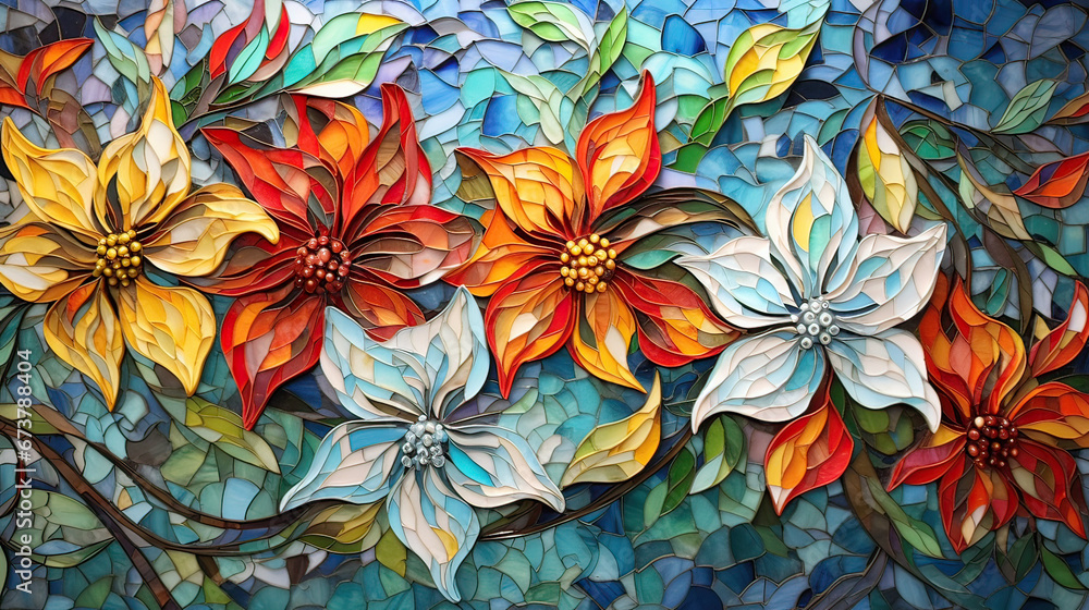Floral elements intertwining and forming an intricate, abstract mosaic Ai Generative