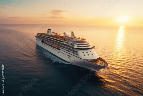 Aerial view of a cruise ship at sunset in sea. Summer tropical vacation concept.