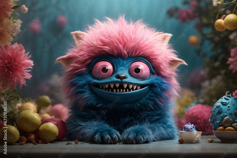 A little blue and pink furry monster with teeth lurks in the colorful background. The image showcases a furry art with cute and colorful elements. Generative Ai.