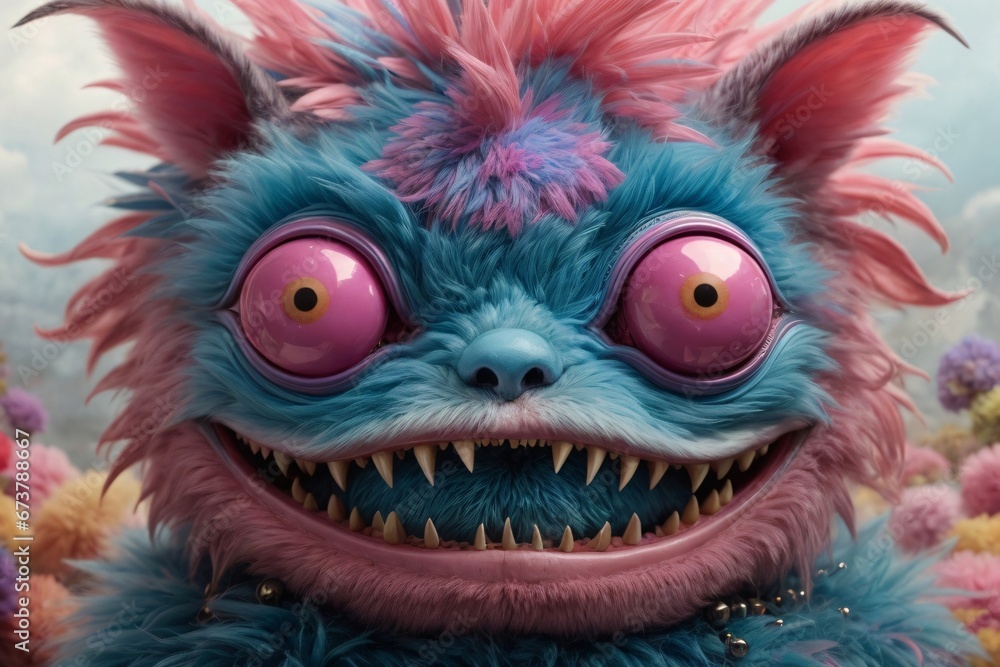 A little blue and pink furry monster with teeth lurks in the colorful background. The image showcases a furry art with cute and colorful elements. Generative Ai. A little blue and pink furry monster with teeth lurks in the colorful background. The image showcases a furry art with cute and colorful elements. Generative Ai.