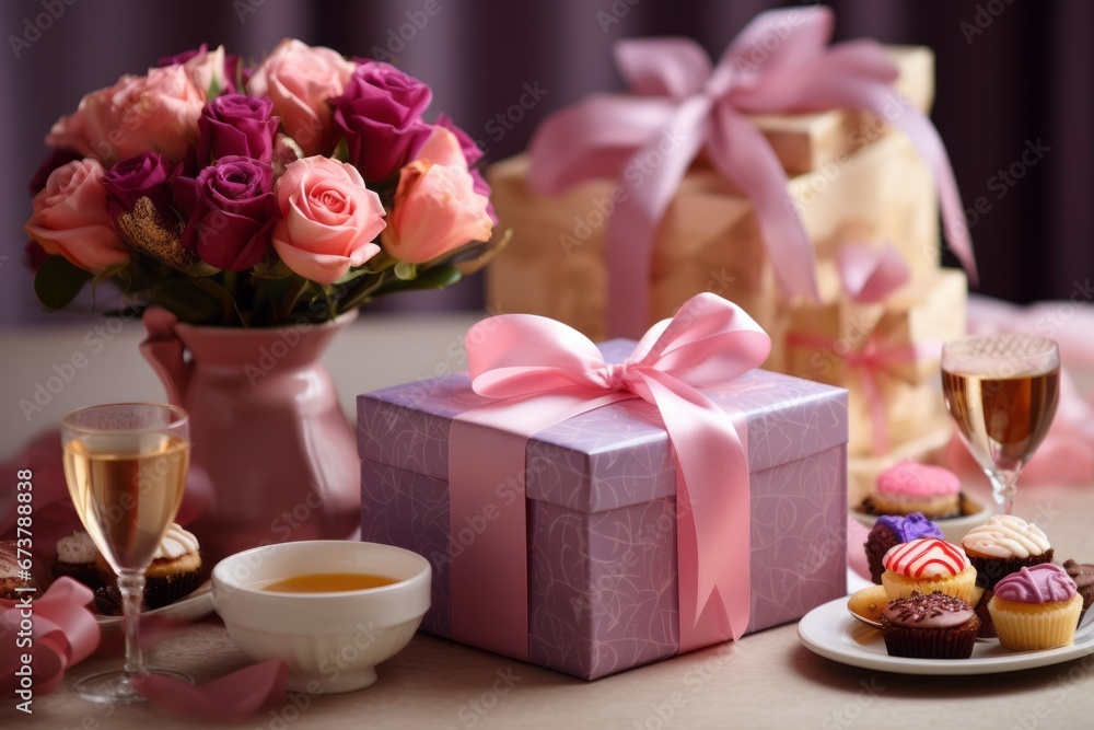Boxes containing thoughtful presents, accompanied by the beauty of flowers and the warm glow of candles Boxes containing thoughtful presents, accompanied by the beauty of flowers and the warm glow of candles