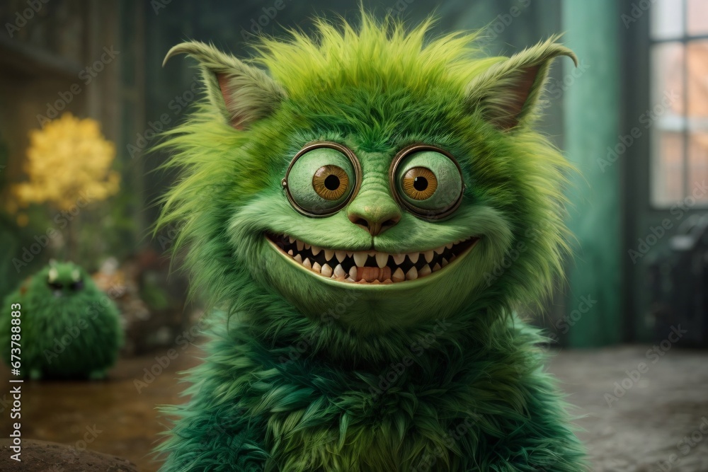 A little furry green monster with teeth lurks in the colorful background. The image showcases a furry art with cute and colorful elements. Generative AI. A little furry green monster with teeth lurks in the colorful background. The image showcases a furry art with cute and colorful elements. Generative AI.