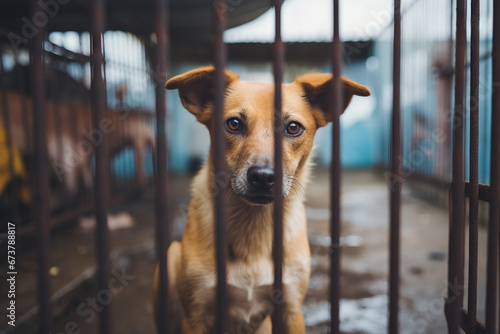 Stray homeless dog in animal shelter cage. Sad abandoned hungry dog behind old rusty grid of the cage in shelter for homeless animals. Dog adoption, rescue, help for pets photo