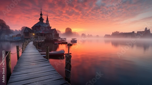 Sunrise at the Molo in Plock, Poland. Bridge