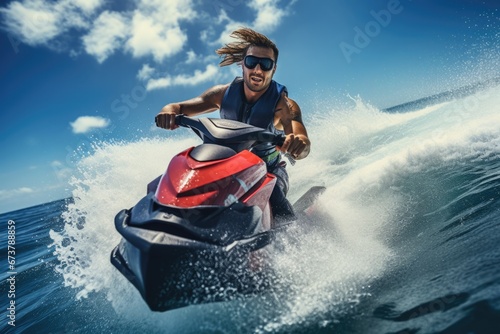 Close-up view of a man riding on jet ski in sea with water splash in air. Dynamics. Beach sports. Summer tropical vacation concept.