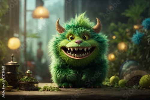 A little furry green monster with teeth lurks in the colorful background. The image showcases a furry art with cute and colorful elements. Generative AI.