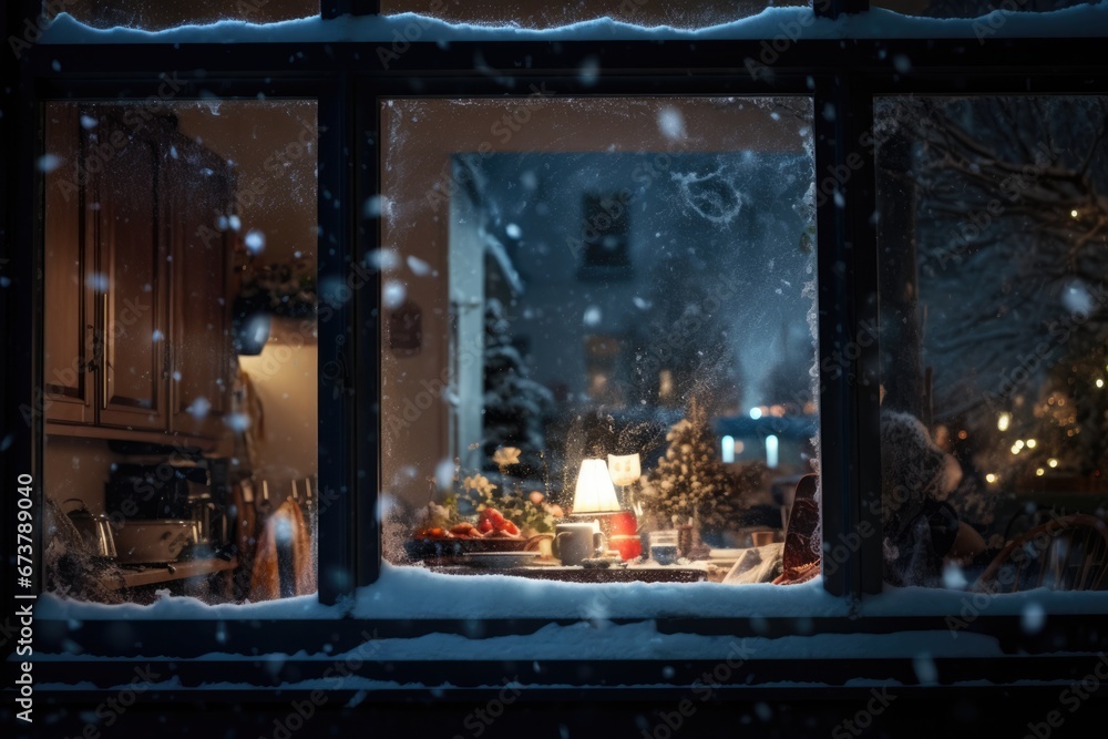 A beautiful window at night decorated in holiday in winter. Winter seasonal concept. A beautiful window at night decorated in holiday in winter. Winter seasonal concept.