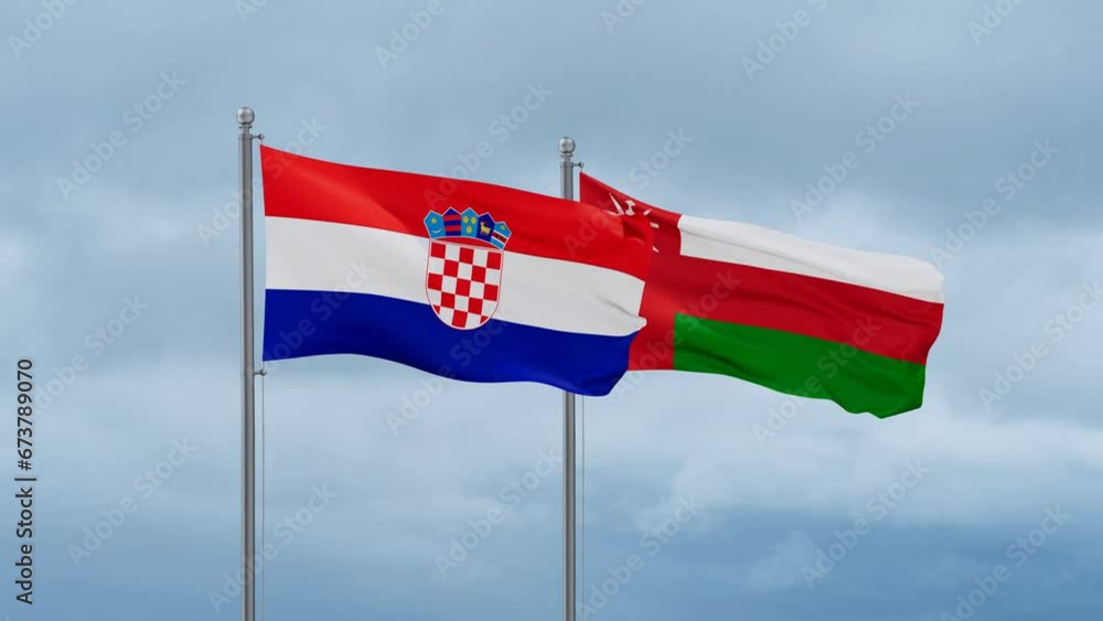 Oman and Croatia flag waving together on cloudy sky, endless seamless loop, two country cooperation concept Oman and Croatia flag waving together on cloudy sky, endless seamless loop, two country cooperation concept