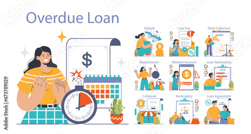 Financial Trouble set. Consequences of overdue loans explored. Default, repossession, late fees. Debt collection and bankruptcy processes. Flat vector illustration