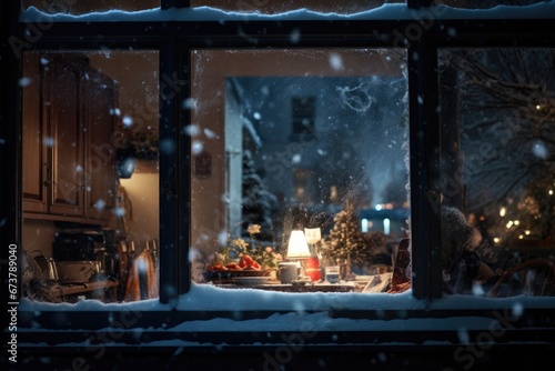 A beautiful window at night decorated in holiday in winter. Winter seasonal concept.