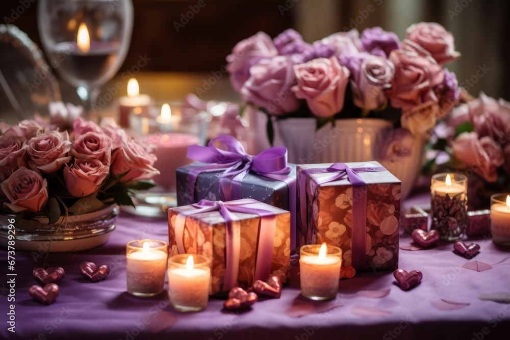 Boxes with gifts for a loved one along with flowers and candles Boxes with gifts for a loved one along with flowers and candles