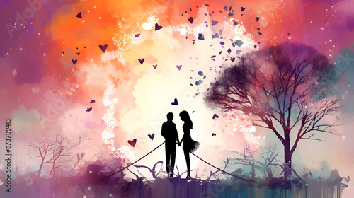 silhouette of a person in the sky, Water color valentine's day background, Valentine's day lovers kissing in a valentine forest art in watercolor