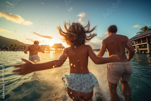 Wide angle view of happy kids with family jumping into sea water at luxury vacation resort at sunset with dynamics. Water sports. Summer tropical vacation concept.