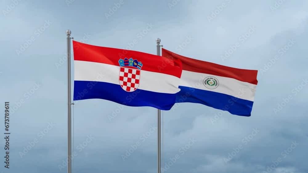 Paraguay flag and Croatia flag waving together on cloudy sky, endless seamless loop, two country relations concept Paraguay flag and Croatia flag waving together on cloudy sky, endless seamless loop, two country relations concept