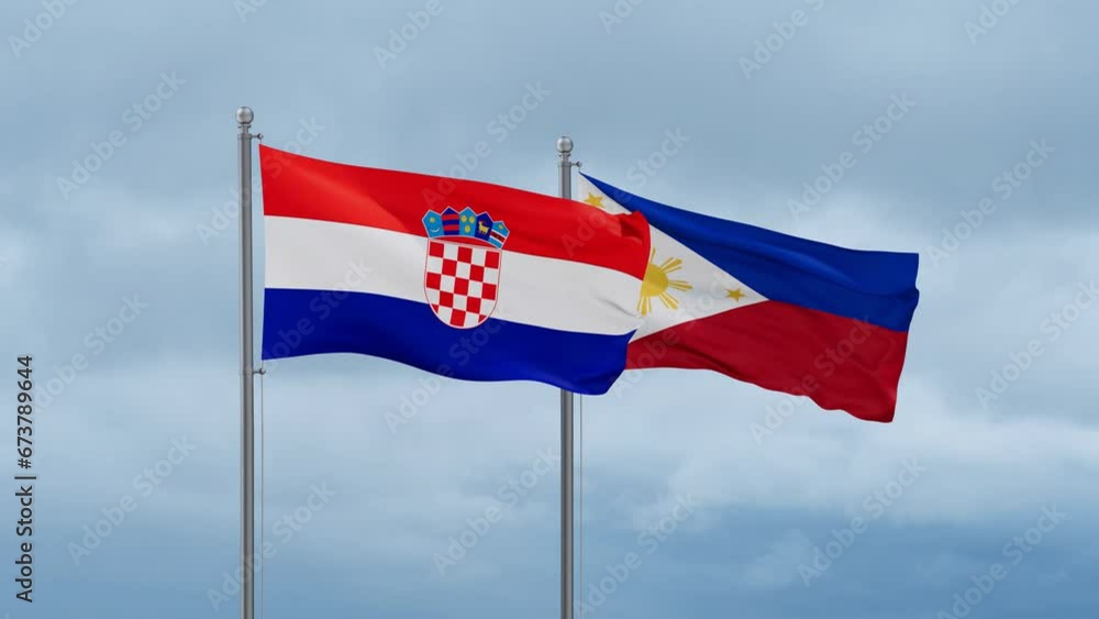 Philippines and Croatia flag waving together on cloudy sky, endless seamless loop, two country cooperation concept Philippines and Croatia flag waving together on cloudy sky, endless seamless loop, two country cooperation concept